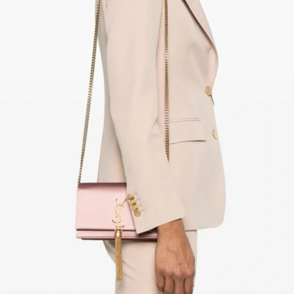 SAINT LAURENT KATE TASSEL CLUTCH ON CHAIN ROSE PINK SATIN GOLD HARDWARE NEW!